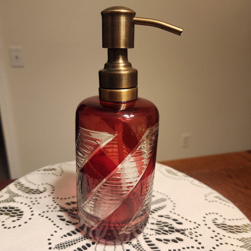 Red and Clear Swirled Glass Soap Dispenser with Brushed Brass Pump NEW
